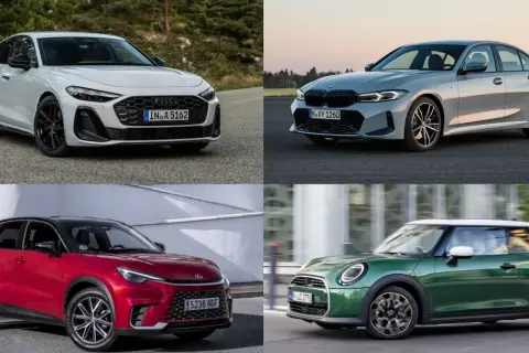 Białe Audi, szare BMW, czerwony SUV i zielony Mini Cooper – cztery marki premium samochodów w jednym kadrze.