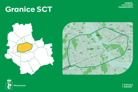 Mapa Warszawy z zaznaczoną żółtą obwódką centralną częścią, która stanowi zielona strefa SCT.