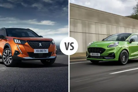 Pomarańczowy Peugeot 2008 i zielony Ford Puma. Porównanie wymiarów i osiągów.