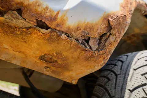 Widoczne zaawansowane **zabezpieczenie auta przed korozją** jest już nieskuteczne. Rdza zniszczyła fragment karoserii, odsłaniając jego wnętrze.