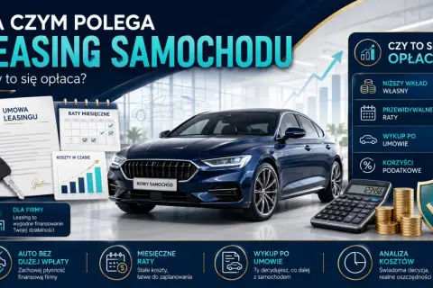 Leasing samochodu: umowa, kluczyki, kalendarz rat, kalkulator i monety. Opcja wykup po umowie.