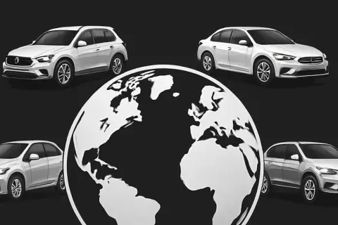Białe samochody otaczają globus, symbolizując zasięg największych koncernów motoryzacyjnych.