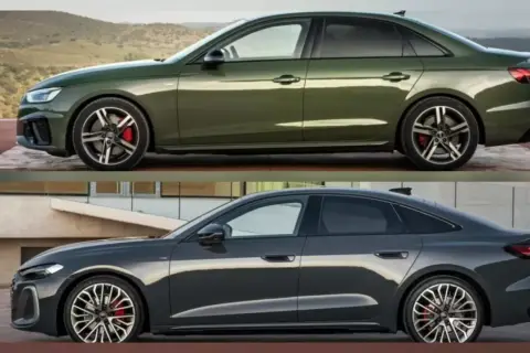 Zielony Audi A4 i ciemnoszary Audi A5 prezentują swoje sportowe linie.