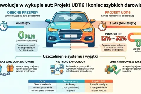 Porównanie przepisów dotyczących darowizny auta: obecne (6 miesięcy, 0 PLN podatku) vs. Projekt UD116 (3 lata, 0 PLN podatku, ale PIT przy sprzedaży przed terminem).