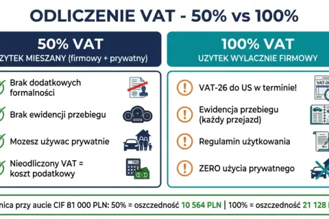 Porównanie odliczeń VAT: 50% (mieszany użytek, brak formalności) vs 100% (firmowy, VAT-26, ewidencja). Oszczędność na paliwo.