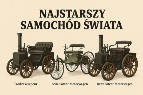 Ilustracja przedstawia trzy zabytkowe pojazdy: parowy Fardier à vapeur oraz dwa Benz Patent-Motorwagen. To najstarszy samochód na świecie i jego poprzednicy.