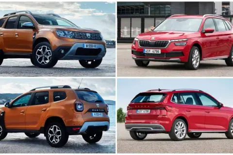 Pomarańczowy Dacia Duster i czerwona Škoda Kamiq. Porównanie prześwitu i możliwości terenowych.
