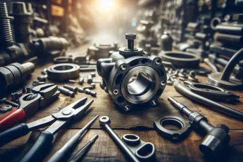Warsztat mechanika z narzędziami i zaworem. Objawy niedotartych zaworów mogą być widoczne na tym precyzyjnym elemencie.