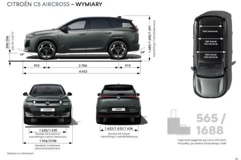 Citroën C5 Aircross: wymiary, w tym pojemność bagażnika 565/1688 dm³ pod półką / po złożeniu kanapy.