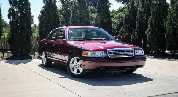 Ciemnoczerwony Ford Crown Victoria, klasyk z USA, zaparkowany na podjeździe wśród wysokich drzew.