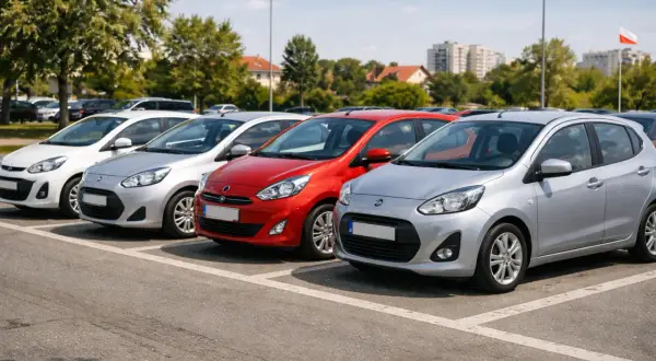 Rząd srebrnych i czerwonych samochodów na parkingu. Idealne auta tanie w utrzymaniu, gotowe do jazdy.