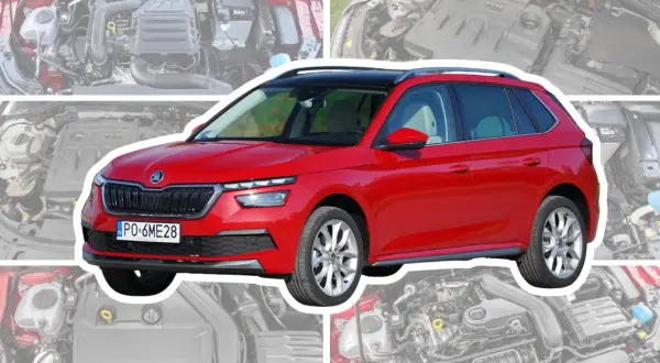 Czerwona Skoda Kamiq na tle silników. Test SUV-a z silnikiem TSI.
