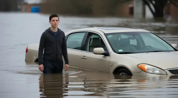 Młody mężczyzna stoi w wodzie obok swojego beżowego sedana. Niestety, kupiłem auto po powodzi, a teraz stoi ono zanurzone po drzwi.