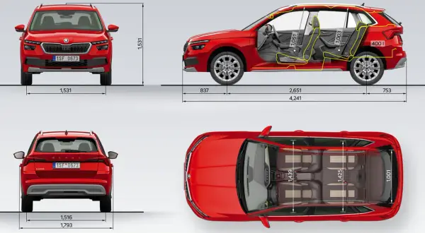 Skoda Kamiq wymiary: widok z przodu, boku, tyłu i z góry z zaznaczonymi wymiarami wnętrza i nadwozia.