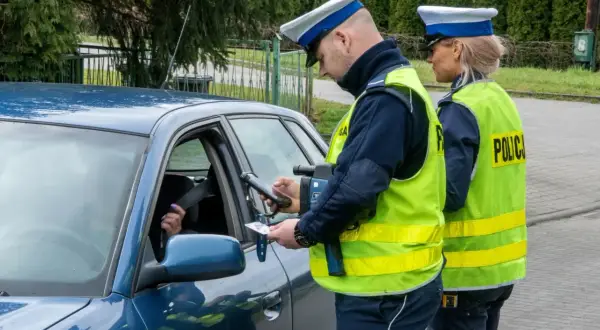 Policjant kontroluje dokumenty kierowcy, który może być bliski pobicia rekordu punktów karnych.