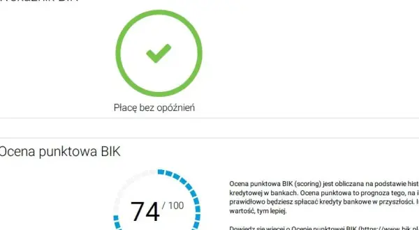 Jak sprawdzić siebie w BIK? Widoczny wskaźnik BIK z zielonym zaznaczeniem i ocena punktowa 74/100.