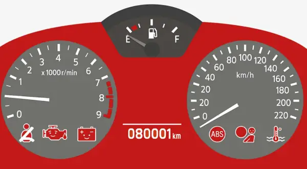 Kontrolki w aucie co oznaczają: wskaźnik paliwa, obrotomierz, prędkościomierz, ABS, temperatura silnika, kontrolka silnika, akumulator, pasy.