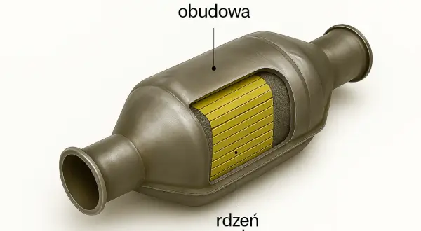 Przekrój katalizatora samochodowego, pokazujący obudowę i rdzeń ceramiczny. To dzięki niemu spaliny stają się czystsze.