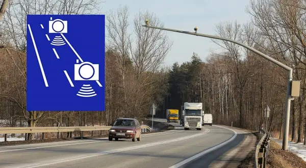 Znak informuje o odcinkowym pomiarze prędkości. Pamiętaj o zachowaniu odpowiedniej tolerancji, by uniknąć mandatu.