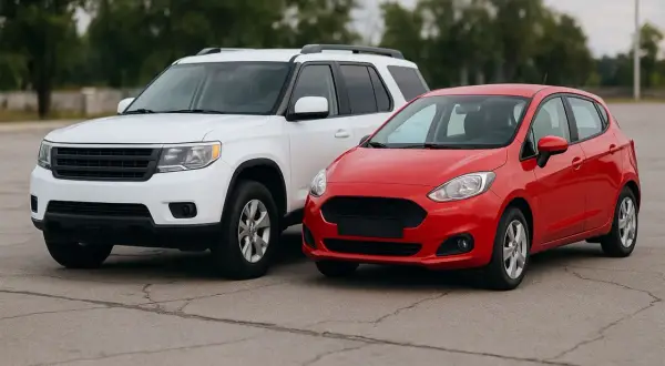 Biały SUV i czerwony hatchback, dwa auta klasy A, stoją obok siebie na pustym parkingu.