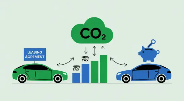 Zielony samochód firmowy z umową leasingową i niebieski samochód z skarbonką i kluczem, połączone z wykresem podatku CO2.