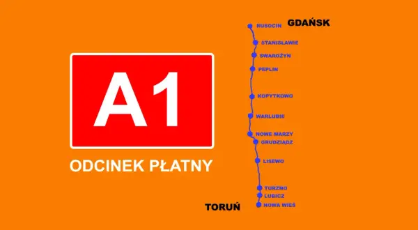 Autostrada A1 od Torunia do Gdańska jest płatna. Zobacz odcinek płatny z zaznaczonymi miejscowościami.