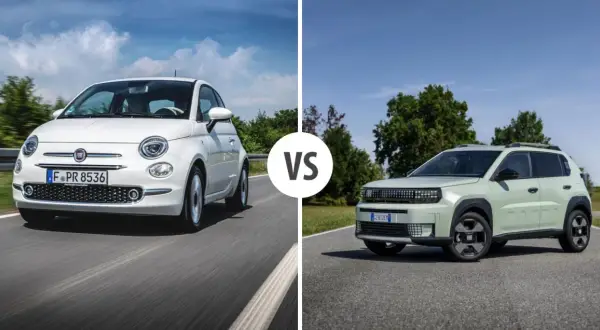 Porównanie dwóch modeli Fiat: klasycznego Fiata 500 i nowego, zielonego Fiata SUV.