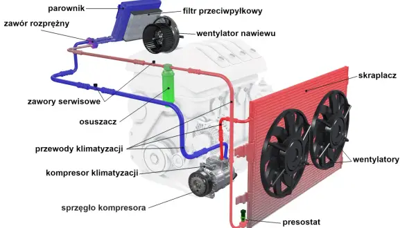 Schemat klimatyzacji samochodowej. Kompresor klimatyzacji, skraplacz, parownik i inne elementy. Jak sprawdzić czy sprężarka klimatyzacji działa?