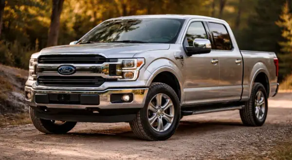 Srebrny pickup amerykański Ford F-150 na leśnej drodze.