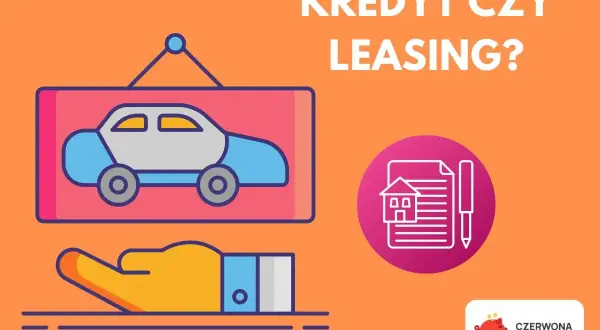 Kredyt czy leasing? Ilustracja przedstawia różne rodzaje kredytów i finansowania, w tym samochód i umowę z domkiem.