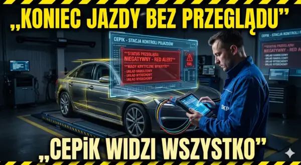 Mechanik sprawdza auto na stacji diagnostycznej. Na ekranie widnieje komunikat o negatywnym statusie przeglądu i wykrytych wadach, co może skutkować konfiskatą samochodu.