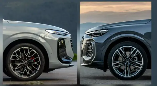Porównanie przednich części dwóch Audi Q5 różnych generacji. Jasnoszary i ciemnoszary SUV z charakterystycznymi detalami.