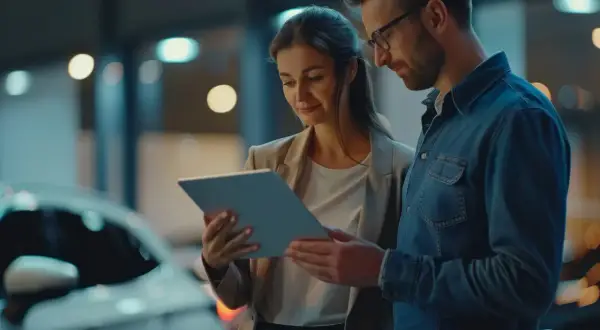 Para kupuje auto. Kobieta i mężczyzna analizują dane na tablecie, zastanawiając się, na co zwrócić uwagę przy zakupie auta.