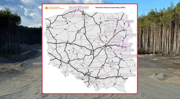 Mapa Polski z planem budowy autostrad do 2041 roku. Obok widok budowy drogi w lesie.
