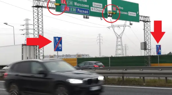 Kamery odcinkowy pomiar prędkości Warszawa na autostradzie. Znaki informują o kierunkach do miast.