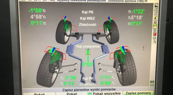 Zły kąt pochylenia koła objawy: na ekranie widoczny pomiar geometrii zawieszenia Audi A6, wskazujący nieprawidłowe wartości kątów.
