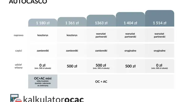 Tabela porównuje oferty ubezpieczenia nowego samochodu: Autocasco, OC+AC mini. Różne warianty napraw, części i udziału własnego.