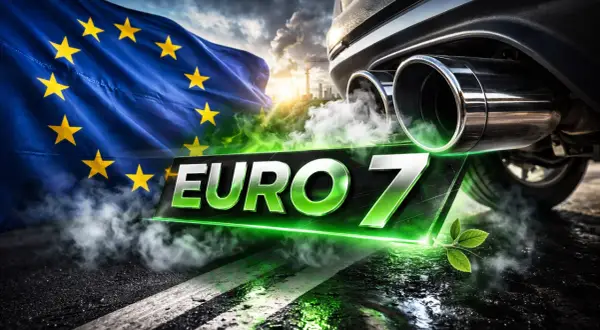 Flaga UE i dym z rury wydechowej samochodu nad napisem EURO 7. Od kiedy nowe normy emisji spalin?