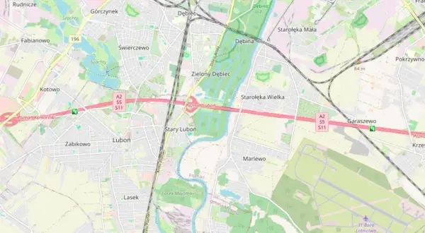 Mapa okolic Poznania z zaznaczonym odcinkowym pomiarem prędkości na A2. Widoczne Luboń, Świerczewo, Garaszewo.