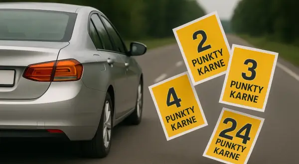 Srebrny samochód na drodze, obok unoszą się żółte kartki z liczbami punktów karnych: 2, 3, 4 i 24.