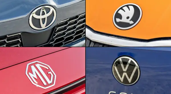 Logo Toyota, Skoda, MG i Volkswagen Golf. Kolekcja nowych marek samochodów.
