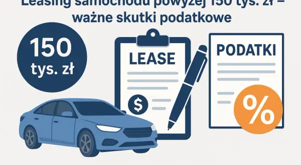 Niebieski samochód, umowa leasingowa i dokument podatkowy. Leasing do 150 tys. zł – ważne skutki podatkowe.
