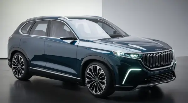 Nowoczesne tureckie samochody TOGG SUV w ciemnogranatowym kolorze, z charakterystycznym grillem i światłami LED.