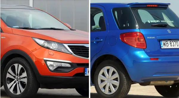 Pomarańczowy Kia Sportage i niebieski Suzuki SX4 - dwa modele, które często pojawiają się w rankingach najmniej awaryjne samochody.