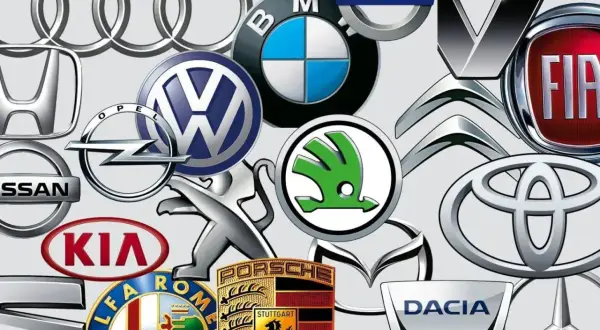 Kolekcja logotypów samochodowych: Audi, BMW, Volvo, Renault, Fiat, Citroen, Toyota, Skoda, Mazda, Dacia, Seat, Kia, Peugeot, Opel, Honda, Nissan, Alfa Romeo, Porsche. Szukasz, jakie marki mają najtańsze części?