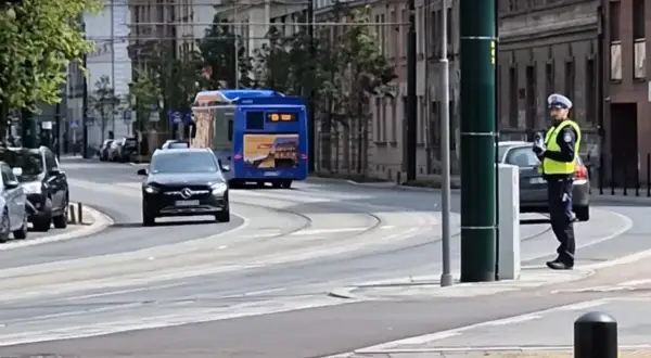 Policjant w kamizelce odblaskowej stoi przy ulicy, kontrolując ruch. Czy radiowóz musi być widoczny, by zapewnić bezpieczeństwo?