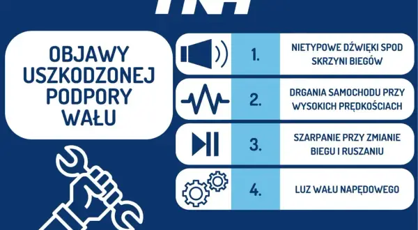 Objawy uszkodzonej podpory wału: nietypowe dźwięki, drgania, szarpanie przy zmianie biegu, luz wału napędowego.