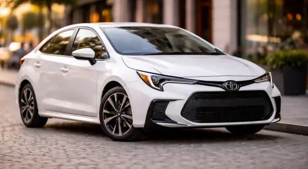 Biała Toyota Corolla na brukowanej ulicy. Ten model to kolejny rozdział w bogatej historii Toyoty, symbol niezawodności i innowacji.