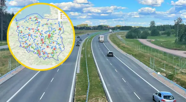 Mapa Polski z zaznaczonymi punktami kontrolnymi i odcinkowy pomiar prędkości S7.