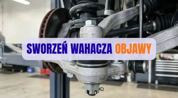 Widok na element zawieszenia samochodu. Napis "SWORZEŃ WAHACZA OBJAWY" sugeruje problemy z tym podzespołem.